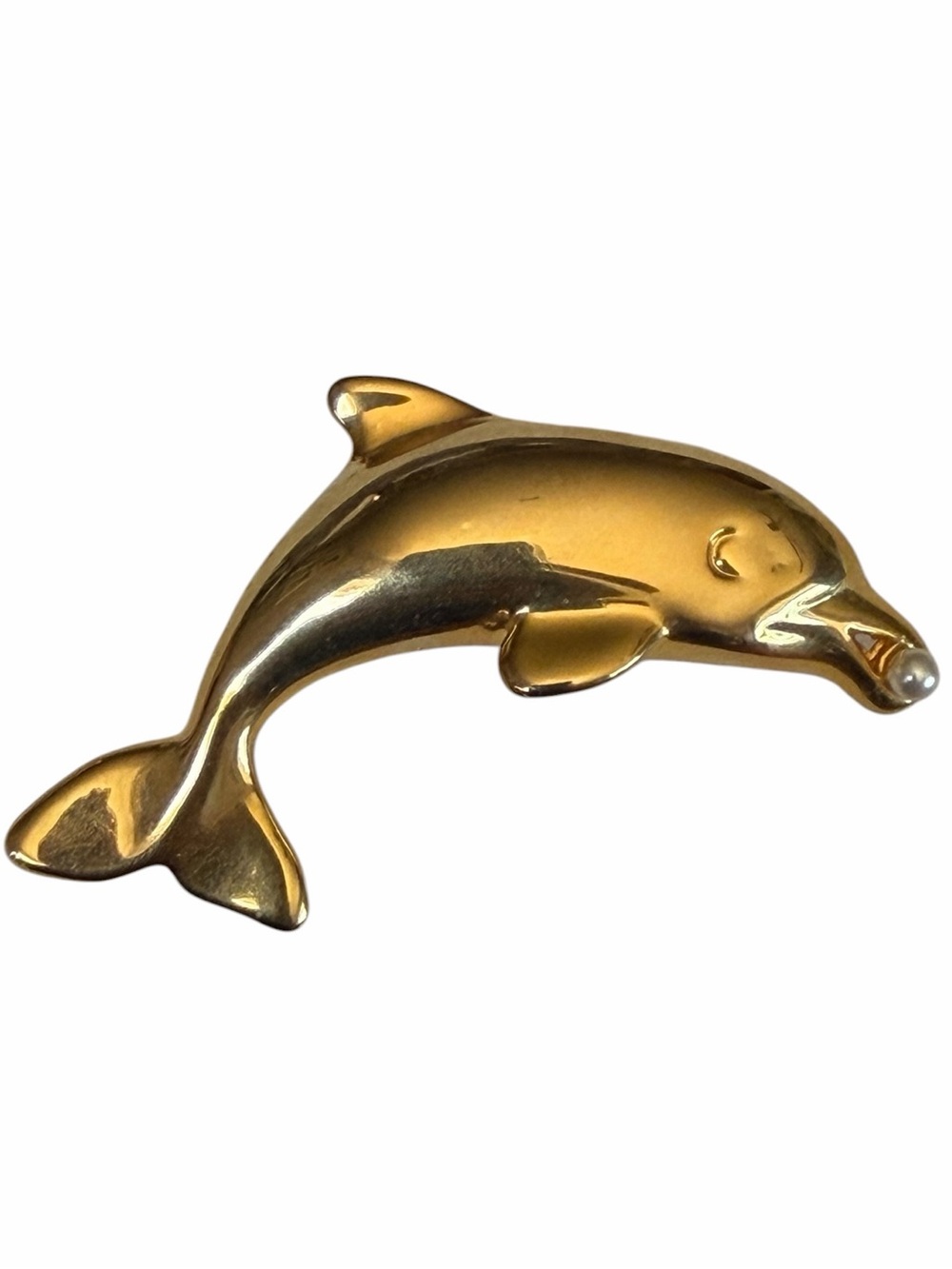 Vintage Gold-tone Dolphin Brooch Simulated Pearl Ocean Coastal Retro Glam